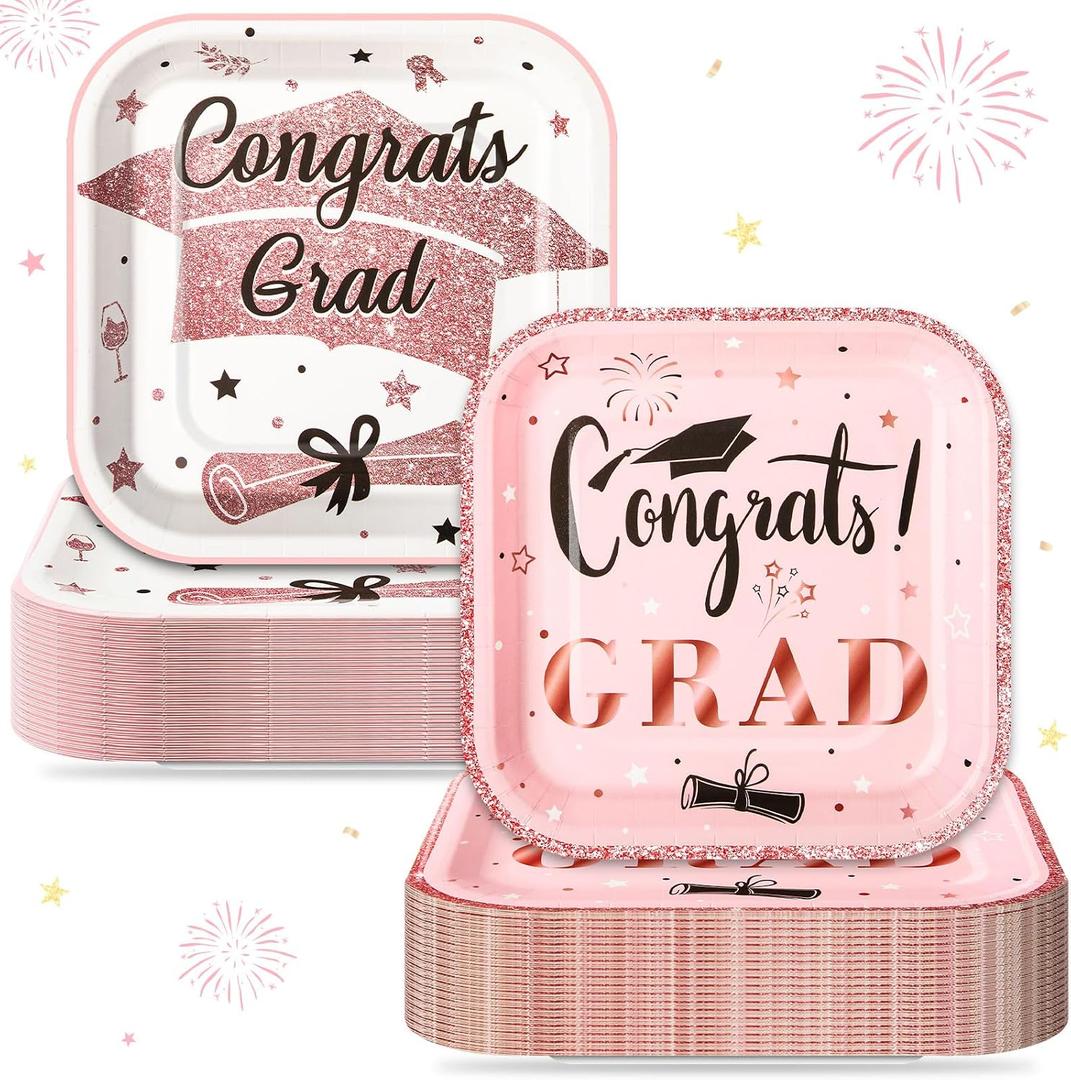 FoldTier 100 Pcs Rose Gold 2026 Graduation Party Plates 7 x 7 in Congrats Grad Dessert Paper Plates Class of 2026 Disposable Square Cake Decorative for Graduation Cocktail Party Supplies, approx. 7 x 7 inches