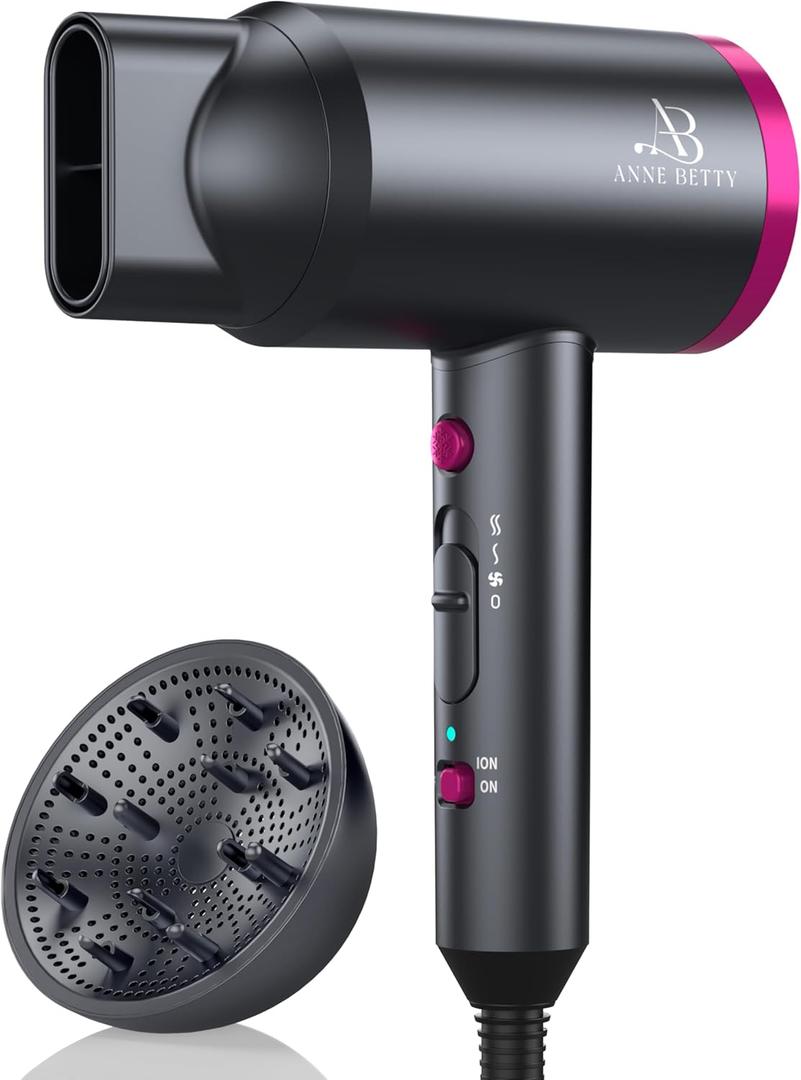 Hair Dryer with Diffuser, Portable Blow Dryer for Curly Hair for Women/Men, 1800 Watt Ionic HairDryer, Blow Dryer with Nozzle for Fast Drying as Salon, Lightweight