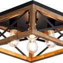 Farmhouse Ceiling Light, 4-Light Flush Mount Ceiling Light with Black Metal and Wood, Rustic Light Fixture for Hallway, Entryway, Kitchen