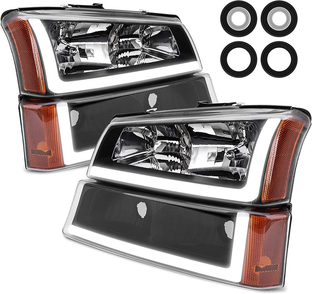 2003-2006 Silverado Headlight with Dynamic Light- Headlights for 2003 2004 2005 2006 Chevy Silverado/Avalanche 1500/2500/3500 Headlamp Replacement Left and Right Black Housing Crystal Clear Lens