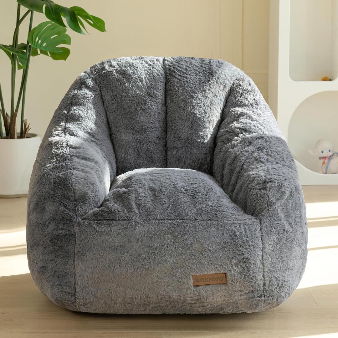 MAXYOYO Kids Bean Bag Chair, Comfy Bean Bag Sofa with Back Support, Faux Fur Cute Chair for Boys and Girls, Stuffed Floor Sofa for Nursery, Bedroom, Grey, Standard