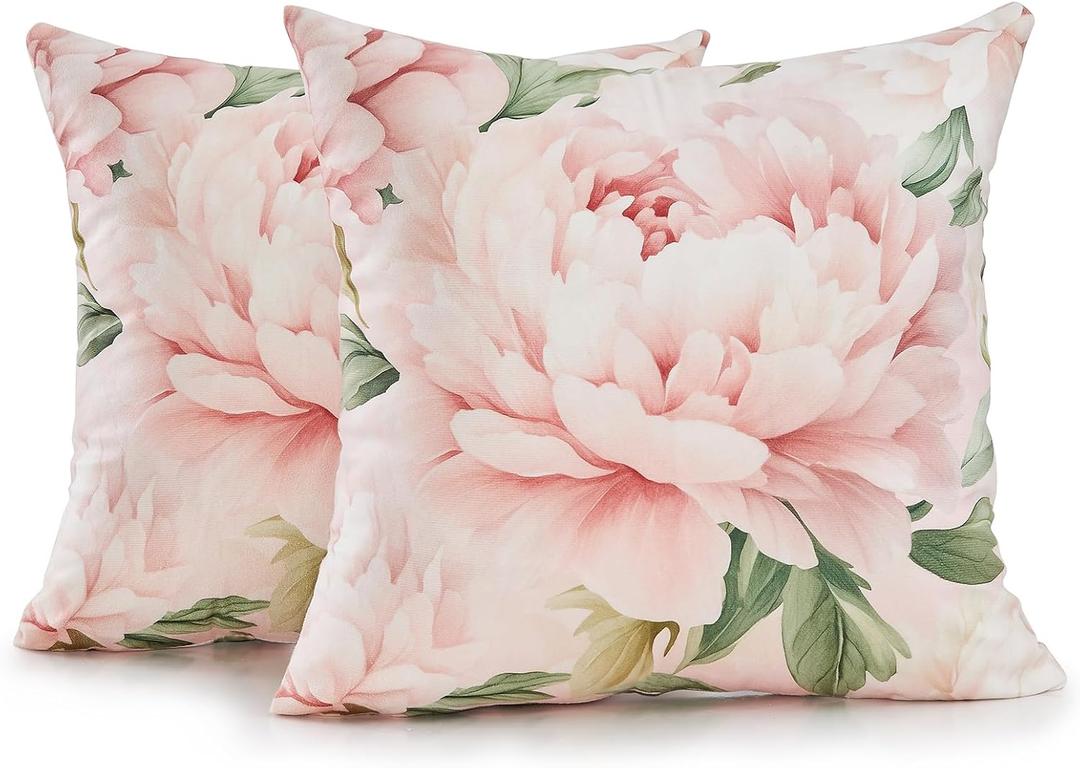 Pink Floral Throw Pillow Covers 16x16 Set of 2, Decorative Peony Flower Cushion Cases, Soft Plush Pillow Covers for Farmhouse Sofa Couch Bed Home Decor