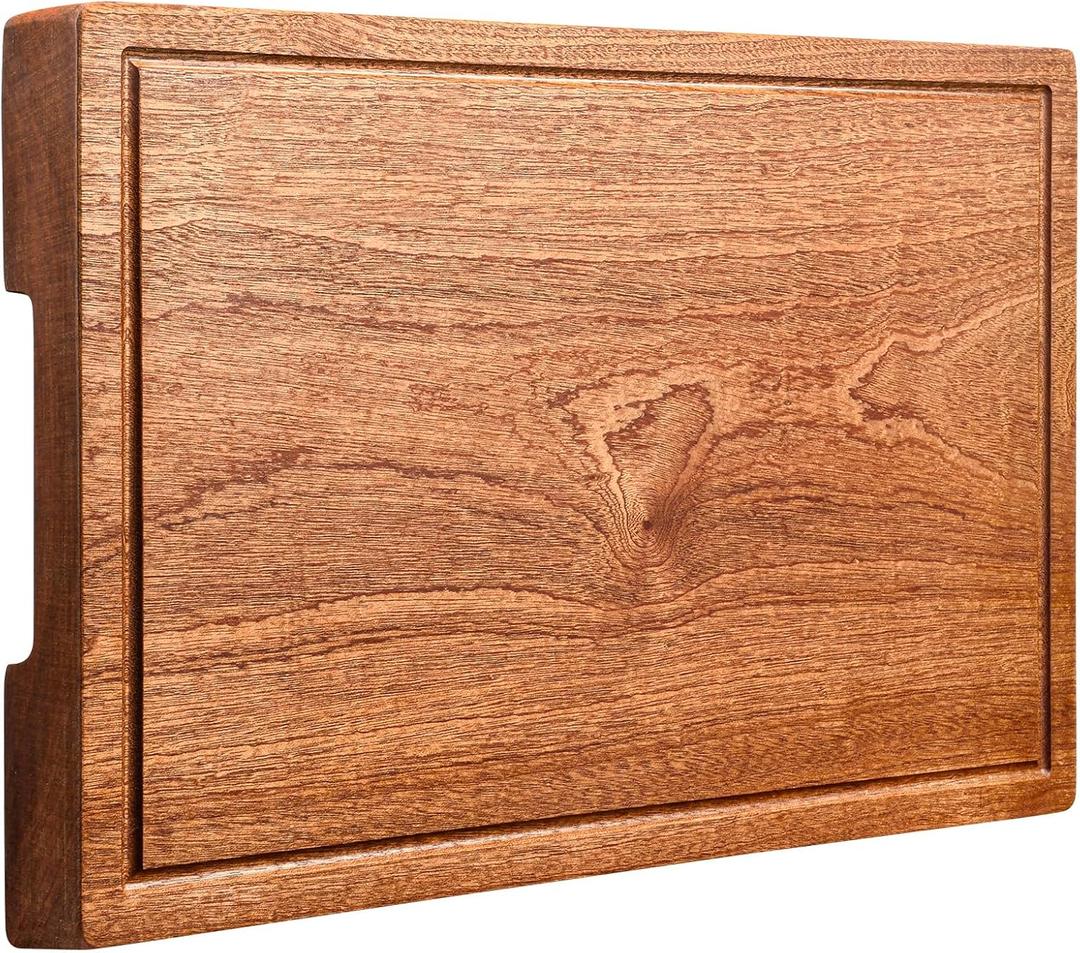 Wooden Cutting Boards For Kitchen Real Solid Sapele Wood Chopping Board One Piece Thick Hard No Glue Non Toxic With Juice Groove And Built-in Handle All Whole Single Wood Butcher Block (15*10.2*1Inch)