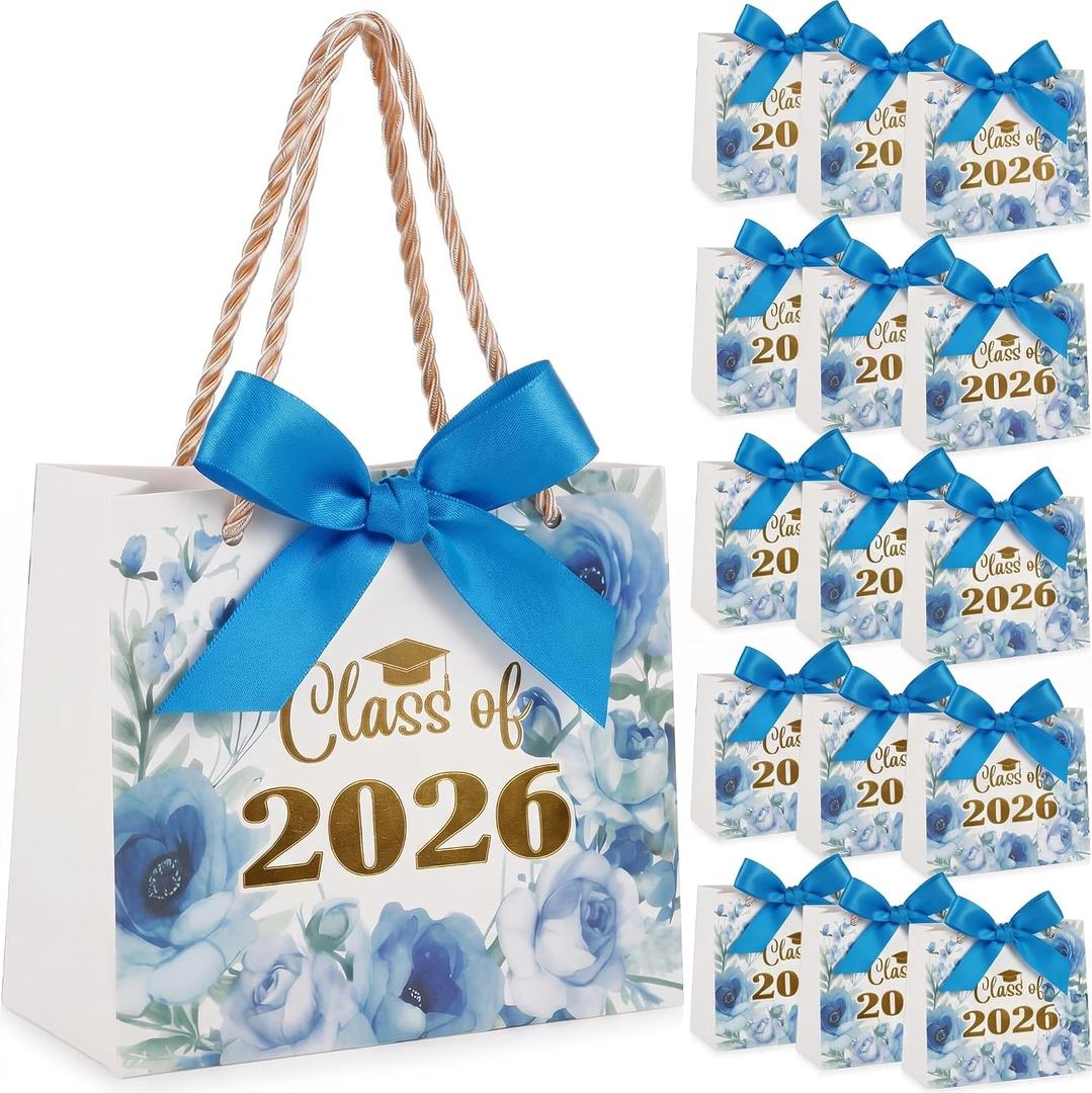 Yexiya 40 Pack 2026 Graduation Gift Bags Bulk Class of 2026 Blue Floral Graduation Party Bags 5.5" Congrats Grad Treat Bag for Gifts with Handles and Bow Ribbon