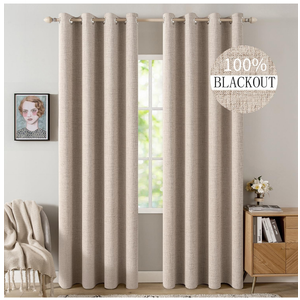 MIULEE 100% Blackout Linen Textured Curtains for Bedroom Solid Thermal Insulated Natural Beige Grommet Room Darkening Curtains & Drapes Luxury Decor for Living Room Nursery 52 x 84 Inch (2 Panels)