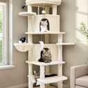C66 Corner Cat Tree for Large Cats, 66inch Tall Curved Series Large Cat Tower for Multiple Indoor Cats with 6 Scratching Posts, 2 Spacious Cat Condos, Hammock, Hanging Basket, Beige