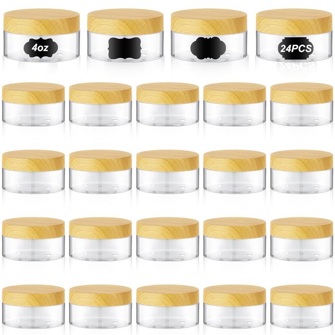 Dandat 24 Pcs 4 oz Plastic Jar Container with Wood Lid and Label Refillable Empty Round Clear PET Cosmetic Sample Slime Containers for Lotion, Cream, Ointments, Body Butter, Makeup Travel Storage