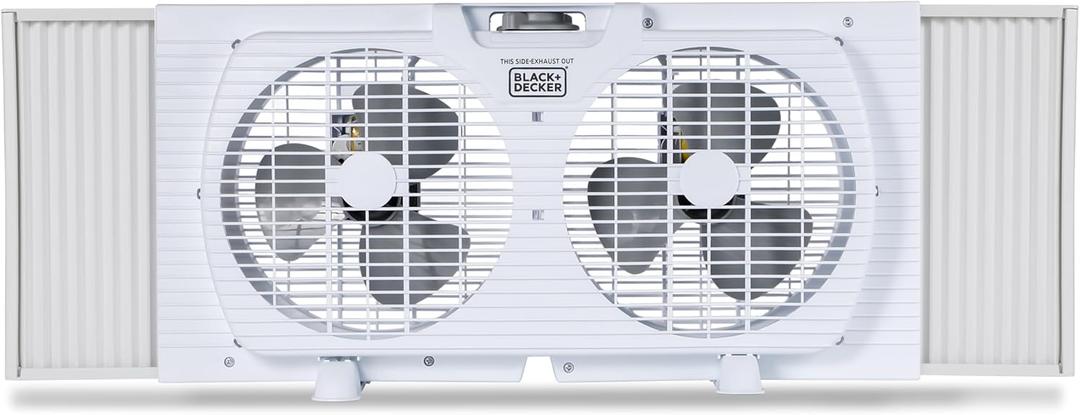BLACK+DECKER 9" Dual Window Fan with 2 Speed Settings, Twin Fan Heads with Mechanical Dial Control, Removable Legs, For Sliding Windows up to 33 W with Accordion Expanders, BFW9M, White