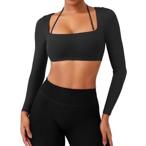YEOREO Long Sleeve Crop Tops for Women Square Neck Workout Yoga Cropped T Shirt Top Padded Halter Neck with Detachable, Size: M