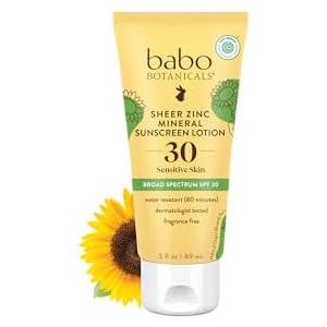 Babo Botanicals Sheer Zinc Mineral Sunscreen Lotion SPF30 - Natural Zinc Oxide - Shea Butter - Face & Body - Water Resistant - Fragrance-Free - EWG Verified - Vegan - For all ages - 1 Piece
