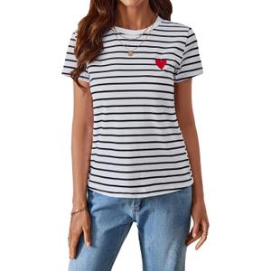 SweatyRocks Women's Heart Striped T Shirt Short Sleeve Shirt Crew Neck Casual Tee Top (White, XS)