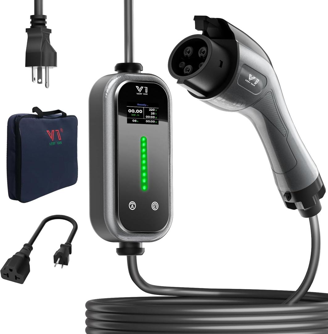 Level 1&2 Portable EV Charger, 16A Electric Vehicle Charger with 25FT Extension Cable, NEMA 6-20 Plug & 5-15P Adapter, Compatible with J1772 EVs, Home & Travel Use(Not For Tesla Unless Get an Adapter)
