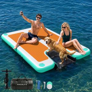 AWEMUFA Inflatable Floating Dock with Ramp 5ft/6ft/8ft/10ft Inflatable Dock Floating Platform, Floating Island Mat Boat Float Lake Floats, Large Rafts Floaties for Adult Pool Ocean Beach Boat Parties
