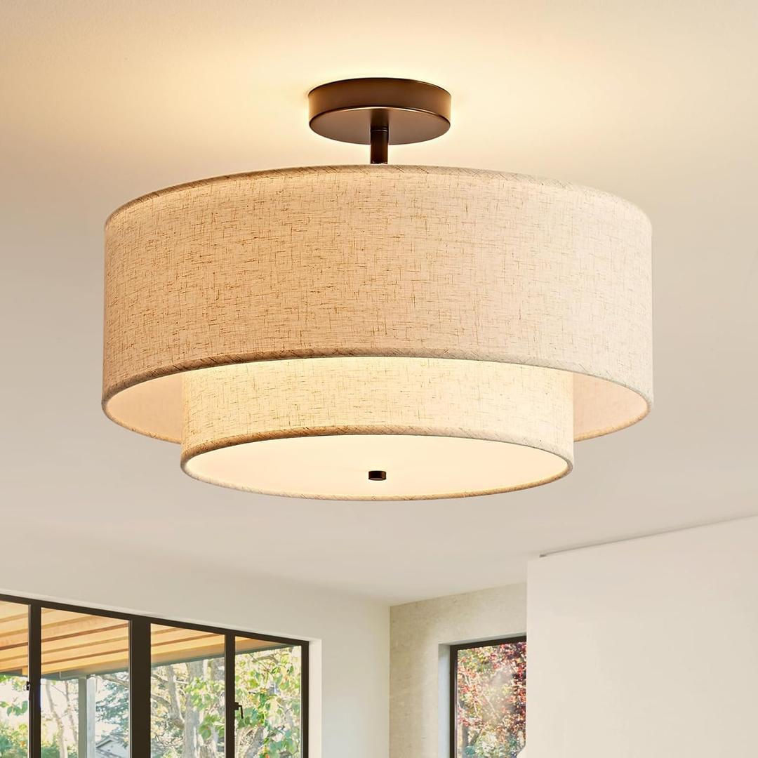 16-Inch Semi Flush Mount Ceiling Light Fixture with Linen Fabric Shade, Modern Drum Light Fixture 3-Light Bedroom Lights for Ceiling, Farmhouse for Living Room, Dining Room, Kitchen, Entrance