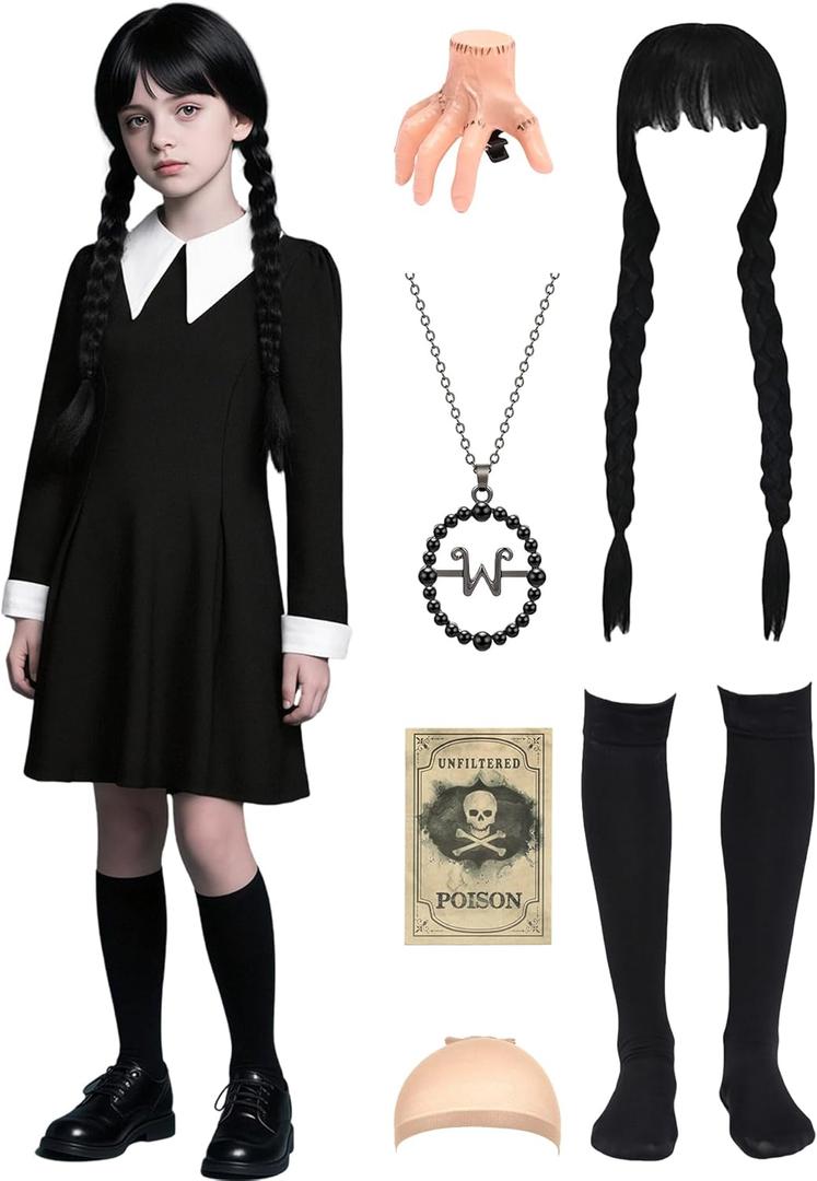 Girls Halloween Costume Kids Black Dress with Wig Necklace Socks Hairpin (150 (11-12 Years))