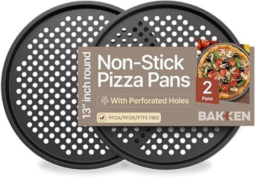 Bakken- Swiss Non-Stick Pizza Pan with Holes - 13-Inch Perforated Pizza Crisper Carbon Steel Pizza Pan - 2 Round Pizza Trays - PFOA PFOS and PTFE Free