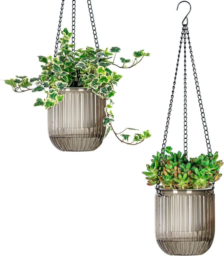 Josteve 4.5 Inch 2 Pcs Self Watering Hanging Planter Indoor Plant Pots Drainage Holes, Outdoor Small Hanging Planters Flower Pot Basket, Visible Water Level, Plant Hanger Home Decor, Gardening (Gray)