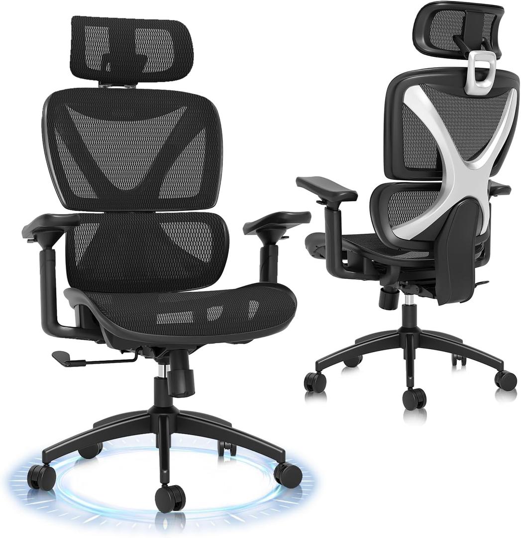 GABRYLLY Ergonomic Office Chair, Big and Tall Mesh Chair with Lumbar Support, 3D armrest - 215 Rotation, Adjustable Headrest & Soft Seat, Durable Computer Chair 350LBS for Work Gaming
