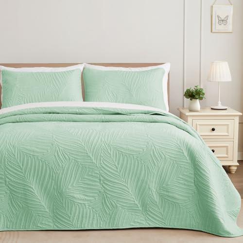 Queen Quilt Bedding Set, Lightweight Sage Green Quilts Queen Full Size for All Seasons, Soft Microfiber Bedspreads Coverlets Bed Cover with Leaf Pattern, 3 Piece