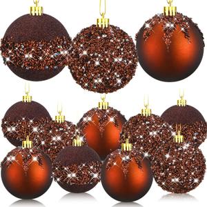 Syhood 12 Pieces Glitter Christmas Ball Ornaments Rhinestone Sequin Christmas Decorations Hanging Plastic Balls for Xmas Trees Wedding Party Holiday Decorations(3.15 Inch,Brown)