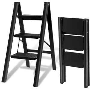 3 Step Ladder, Foldable 3 Step Stool for Adults, 3 Step Ladder Folding Step Stool with Wider Pedal Ergonomic Design and Anti-Slip Feet, Lightweight, Portable Steel Step Stools (3 Step - Upgraded & Thicker - Black)