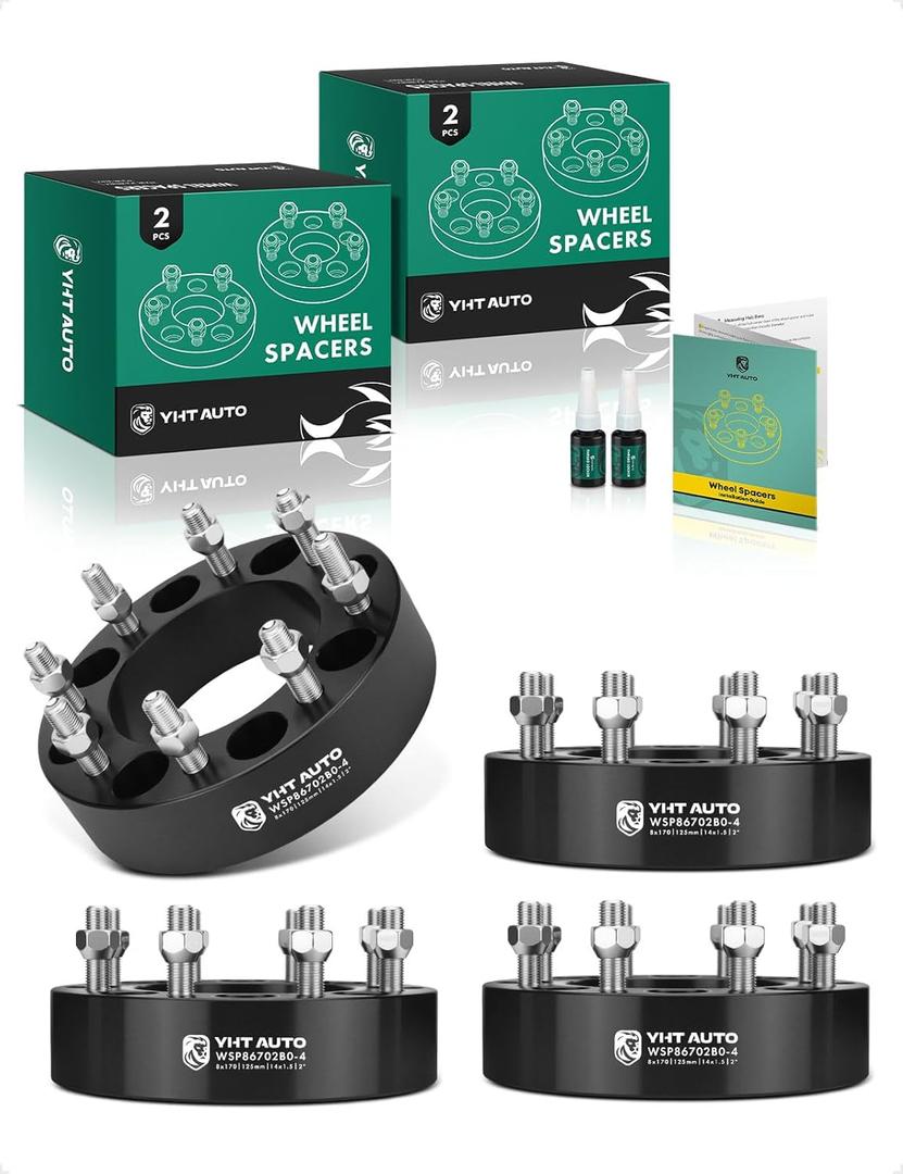 YHTAUTO 8x170mm Wheel Spacers 2 Inch Compatible with 2003-2023 Ford F-250/F-350 Super Duty, Excursion Tire Spacers w/ M14x1.5 & 12.9 Grade Studs, 125mm Center Bore 8 Lug 4PCS Black