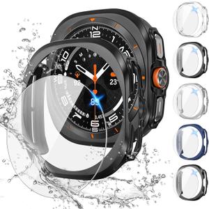 Tensea [5+5Pack for Samsung Galaxy Watch Ultra 2025 / Galaxy Watch 7 Ultra 2024 47mm Accessories, Hard PC Bumper/HD Anti-Fog Tempered Glass Protective Film, Face Cover Set for Women Men (Clear/Black/Black/Silver/Blue)