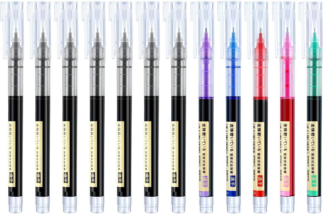 Frienda 12 Pieces Rolling Ball Pens 0.5 mm Japanese Quick Drying Fine Point Pens Liquid Ink Smooth Writing for Office Student Back to School Supplies(Classic Colors)