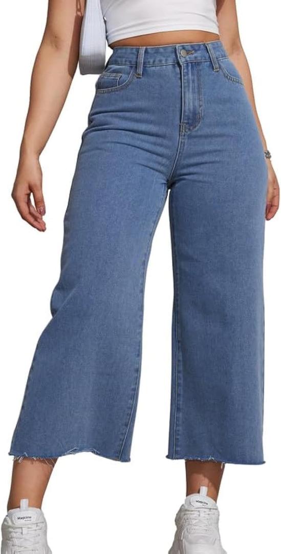 Women's Wide Leg Jeans 90s Zipper Fly Raw Hem Cropped Mid Rise Straight Leg Jeans Denim Pants (X-Large, 115-light Blue)