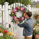 18in Summer Wreath for Front Door, Realistic Artificial Floral Door Wreath with Real Rattan Base, Includes 2 Matching Bouquets, Fake Flower for Spring Front Home, Mother's Day