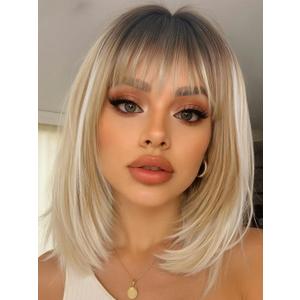 FANCEE Highlight Blonde Layered Wigs with Bangs 14 Inch Short Ombre Blonde Balayage Glueless Ready-to-Go Straight Synthetic Bob Wigs for Women Realistic Scalp Dark Roots Daily Cosplay Use