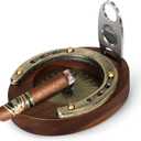 Cigar Ashtray, Horseshoe Wooden Portable Ashtray with Cutter, Zinc Alloy Anti-scald Gasket, Cigar Slot and Holder for home, office, bar and outdoor (Brown-Portable Ashtray)