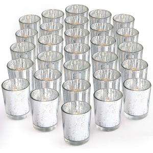 LETINE Silver Votive Candle Holders Set of 24 - Speckled Mercury Silver Glass Candle Holder Bulk - Ideal for Halloween & Thanksgiving Decorations Indoor，Wedding Centerpieces，Home Decor