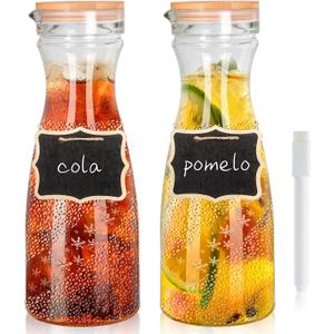 Glass Carafe with Lids, 40 oz, Set of 2-1 Liter Mimosa Bar Water Pitcher, Beverage Dispensers, Wide Mouth, Perfect for Juice, Cold Drink, Milk, Iced Tea, Lemonade - 2 Wooden Chalkboard Tags (Clear)