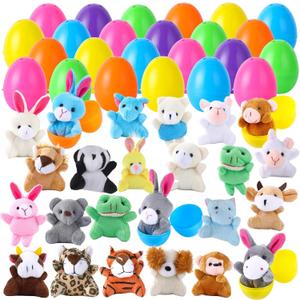 ThinkMax 24 pcs Easter Eggs Filled with Mini Plush Animals Toy for Basket Stuffers/Fillers, Hunt, Party Favor