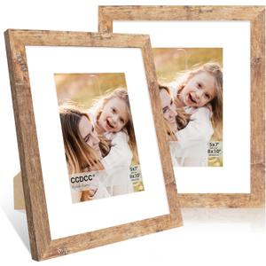 8x10 Picture Frame Set of 2, 8 x 10 Wood Photo Frames with Mat for 5x7, Natural Wooden Frame with Real Glass Cover for Wall and Tabletop Display,Brown
