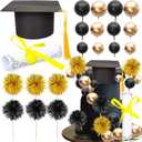 Ephlyn 42 Pack 2025 Graduation Cake Toppers Grad Cap Diploma Balls Tassel Firework Congrats Grad Cake Decorations for 2025 High School College Senior Graduation Supplies Black Gold