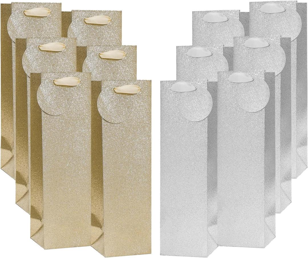 PAPER FAIR 12PCS Metallic Gold Sliver Glitter Champagne Wine Gift Bags Bulk with Gift Tags, Embossed Ribbon Handle Bottle Paper Tote, for Holidays Christmas New Year Gift Packing Decor, Wedding