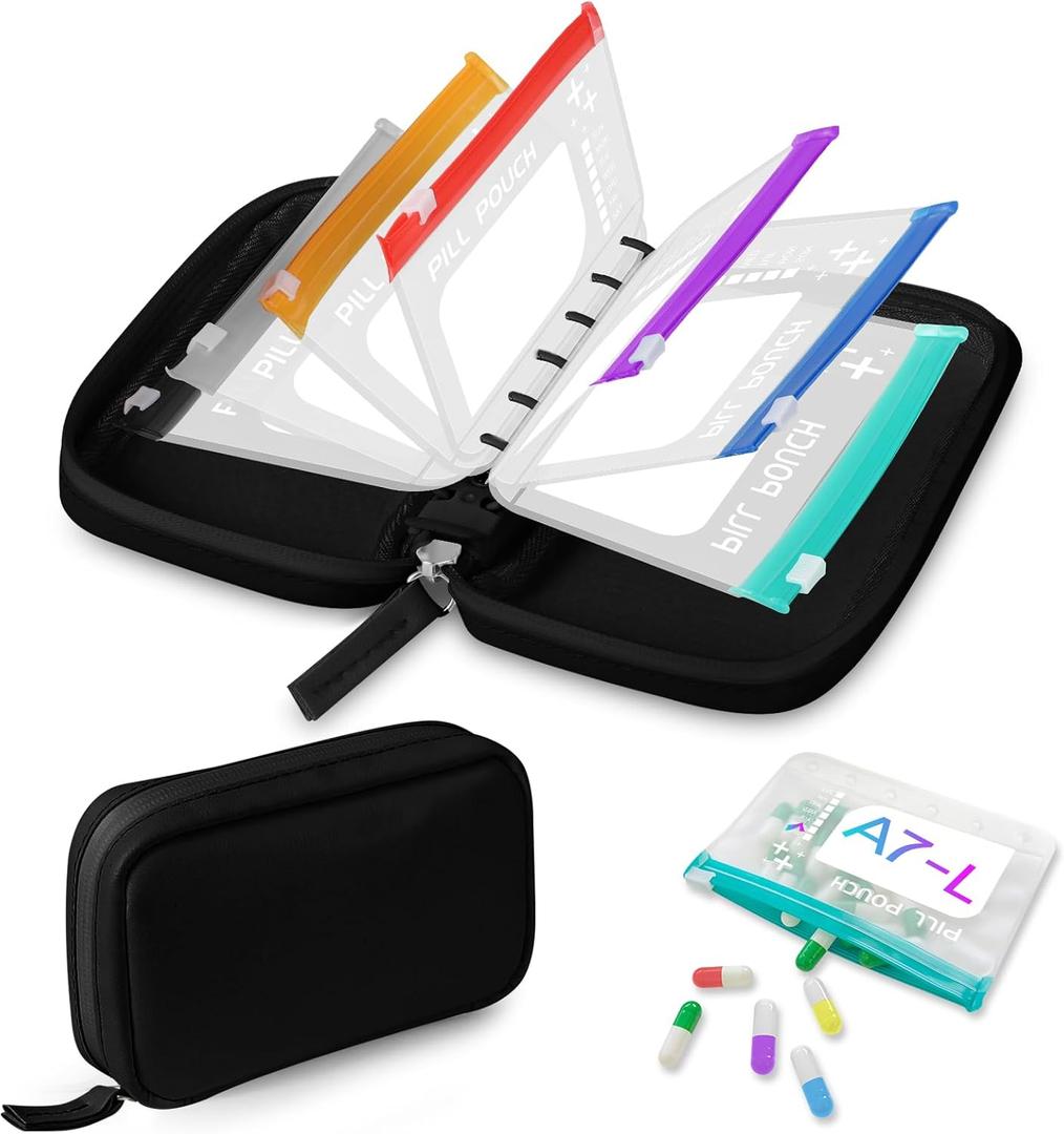 A7-L Water-Proof Pill Pouch Set Large Pill Organizer, BPA Free, A7-L Pill Loose-Leaf Storage with Color-Coded Medicine Pouches, Reusable Travel Medicine Organizer Zippered Pill Organizers Weekly