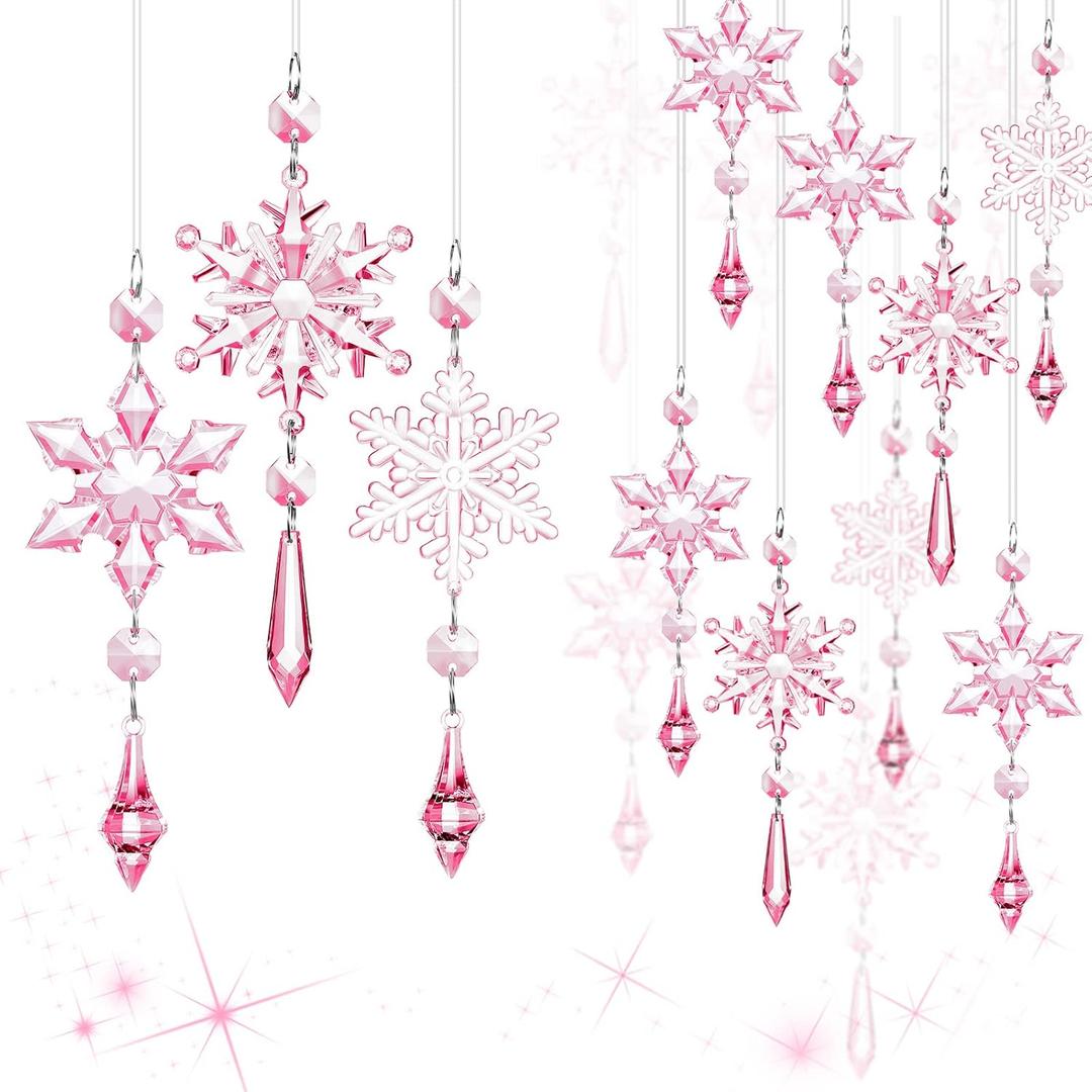 Boao 15 Pcs Crystal Snowflake Ornaments for Christmas Tree Acrylic Snowflake Winter Wonderland Decorations for Party Favor Celebration(Light Pink)