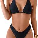 RoseSeek 2 Piece Bikini Sets Triangle Halter Top High Cut Brazilian Bottom Swimsuit Summer Beach Swimwear (Black, L)