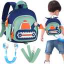 Accmor Toddler Leash Backpack, Cute Excavator Child Bag Harness with Anti Lost Wrist Link, Kid Walking Back Pack Mini Rucksack with Restraints Hand Strap Tether for Baby Boys Outdoor Traveling (Dark Blue/Green, Excavator)