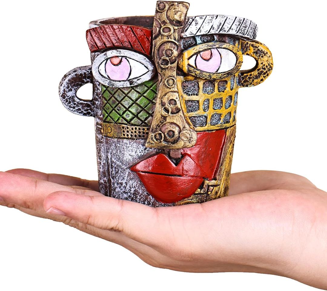 Mini Face Planters Pots Head, Abstract Colorful Graffiti Cute Mini Pots for Plants with Drainage, Ideal for Indoor Outdoor Unique Planters for Plants (Old Color)
