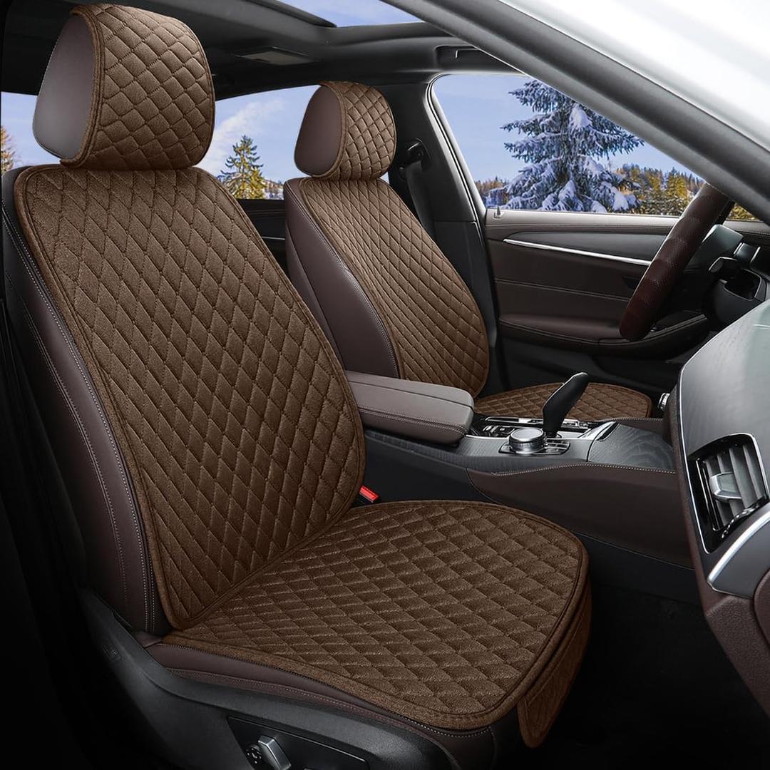 Linen Car Seat Covers Universal Comfortable Front Seat Covers for Car Accessories with Anti-Slip Bottom, Padded Car Interior Covers for Automotive, SUV, Truck, and Van (2Pcs Brown) (2Pcs Brown)
