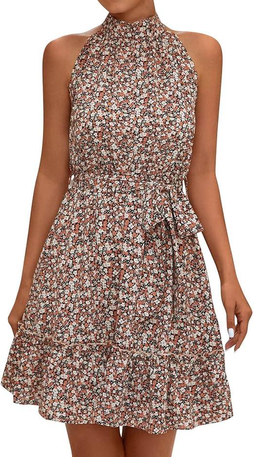 Womens Halter Neck Summer Boho Floral Print Casua  Sleeveless Vintage Ruffle Belt Sexy Dresses Womens Loose Dresses S