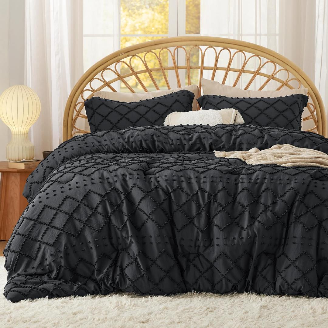 Bedsure Full Comforter Set - Black Comforter, Boho Tufted Distressed Vintage Bedding for Kids, 3 Pieces Farmhouse-Style Bed Set for All Seasons, Fluffy Soft Bedding with 2 Pillow Shams