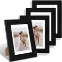 Hongkee 5x7 Picture Frame Set of 4, Made of Real Glass and Black Wooden Frame, 5 by 7 Photo for Wall or Tabletop - Display Picture 4x6 with Mat or 5x7 Without Mat