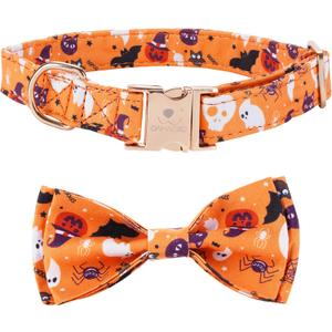 Halloween Dog Collar, Medium Dog Collar with Bow, Pumpkin Style for Girl Boy,Soft Adjustable Design for Small Medium DogsOrangeM