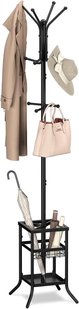 Yoobure Coat Rack Freestanding, Coat Tree with Umbrella Holder, Metal Coat Rack Stand with 12 Hooks, Modern Coat Hanger Stand for Entryway, Purse Rack Hat Rack Stand for Living Room Bedroom Office (Black)