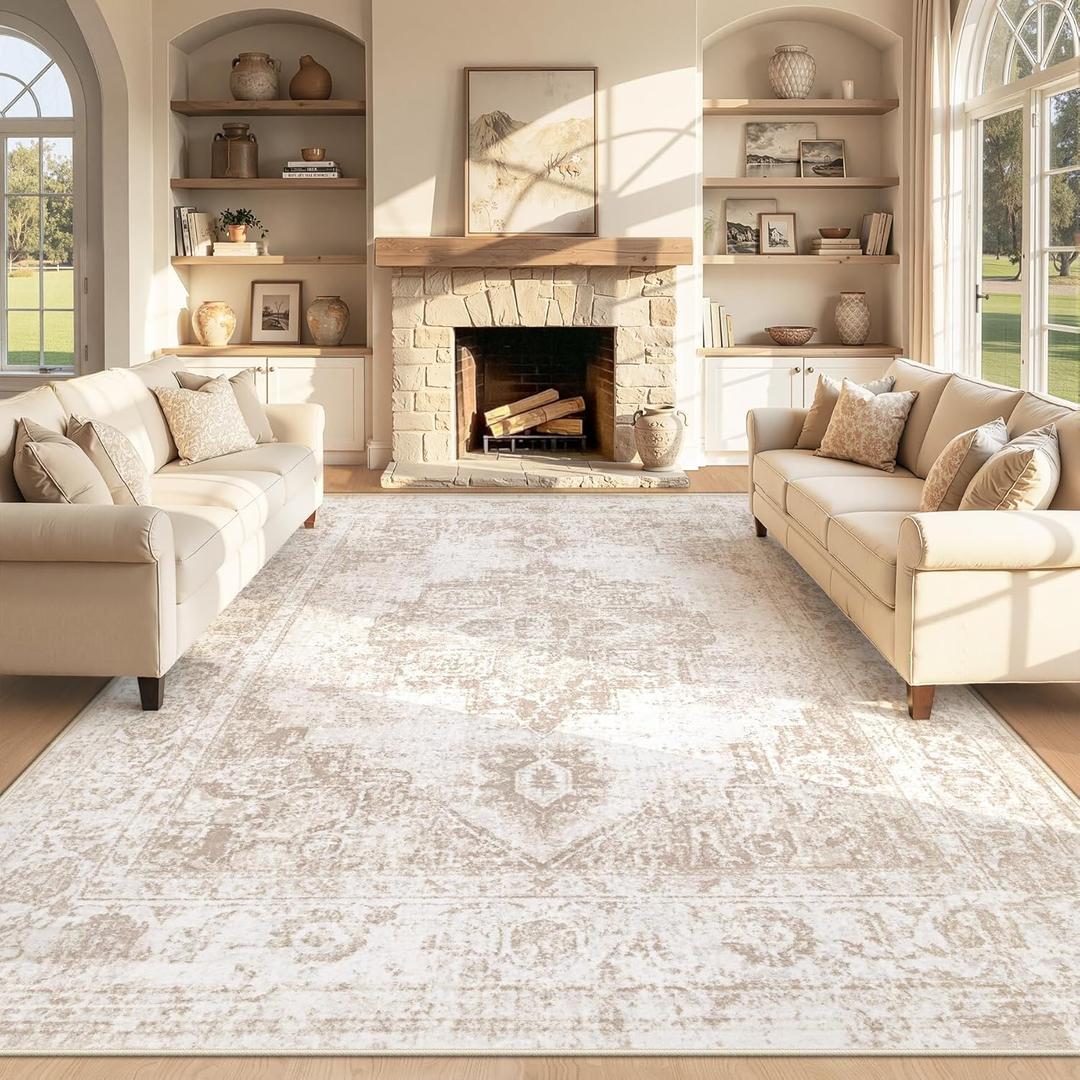 Area Rug 8x10 Vintage Rug: Large Washable Indoor Medallion Rugs Low Pile Distressed Floor Carpet Retro Accent Rug for Living Room Bedroom Kitchen Dining Table Home Office(Beige, 8'x10')